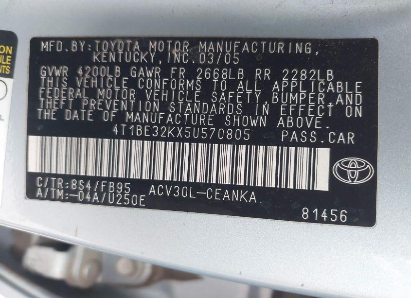 Photo 9 of 2005 Toyota Camry LE (VIN 4T1BE32KX5U570805)