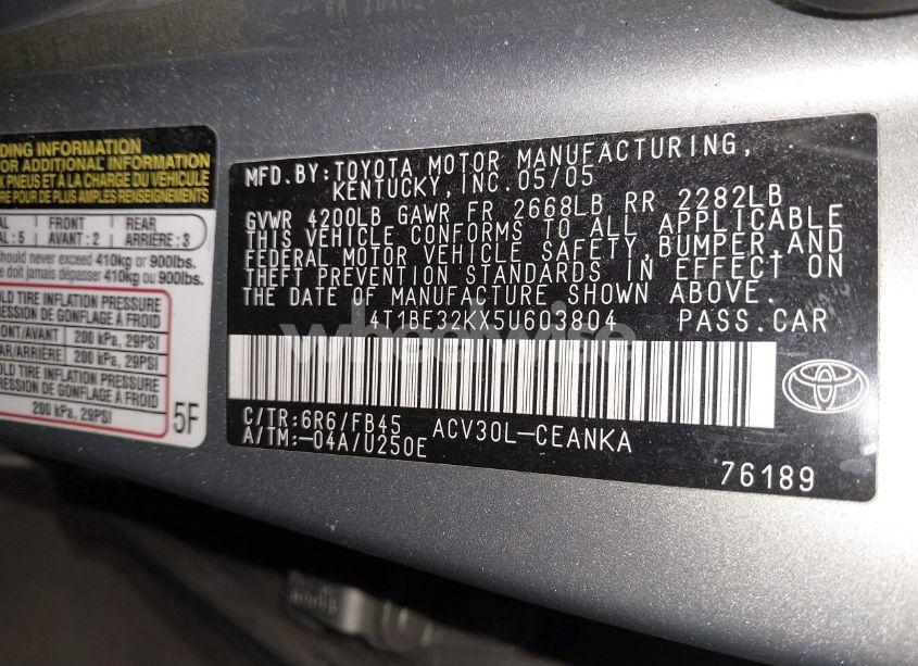 Photo 9 of 2005 Toyota Camry LE (VIN 4T1BE32KX5U603804)
