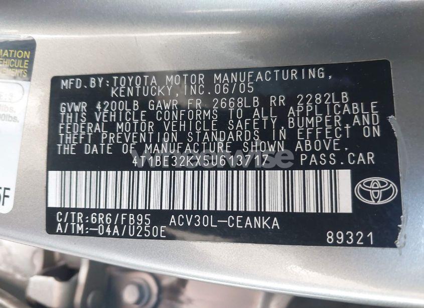 Photo 9 of 2005 Toyota Camry LE (VIN 4T1BE32KX5U613717)