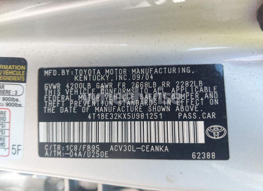 Photo 9 of 2005 Toyota Camry LE (VIN 4T1BE32KX5U981251)