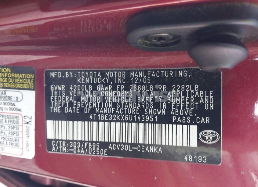 Photo 9 of 2006 Toyota Camry LE (VIN 4T1BE32KX6U143951)