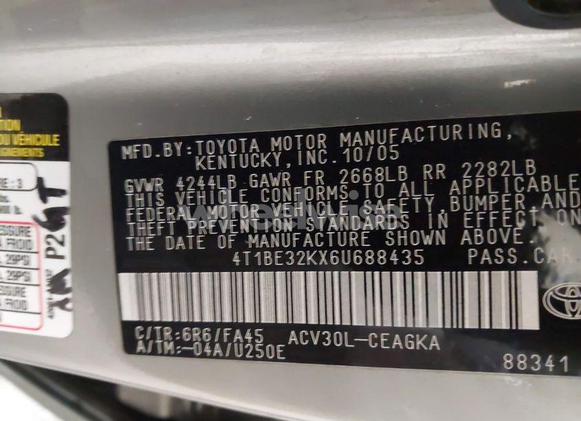 Photo 9 of 2006 Toyota Camry XLE (VIN 4T1BE32KX6U688435)