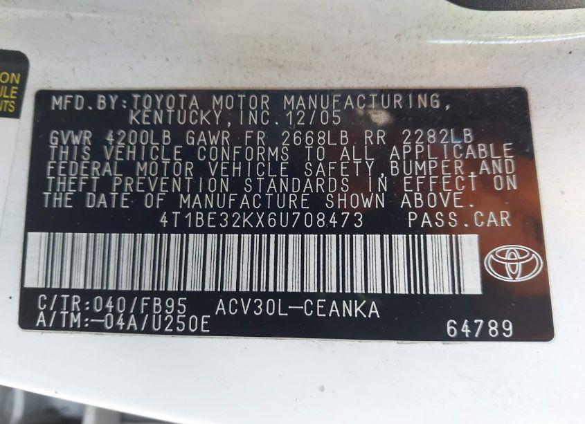 Photo 9 of 2006 Toyota Camry LE (VIN 4T1BE32KX6U708473)