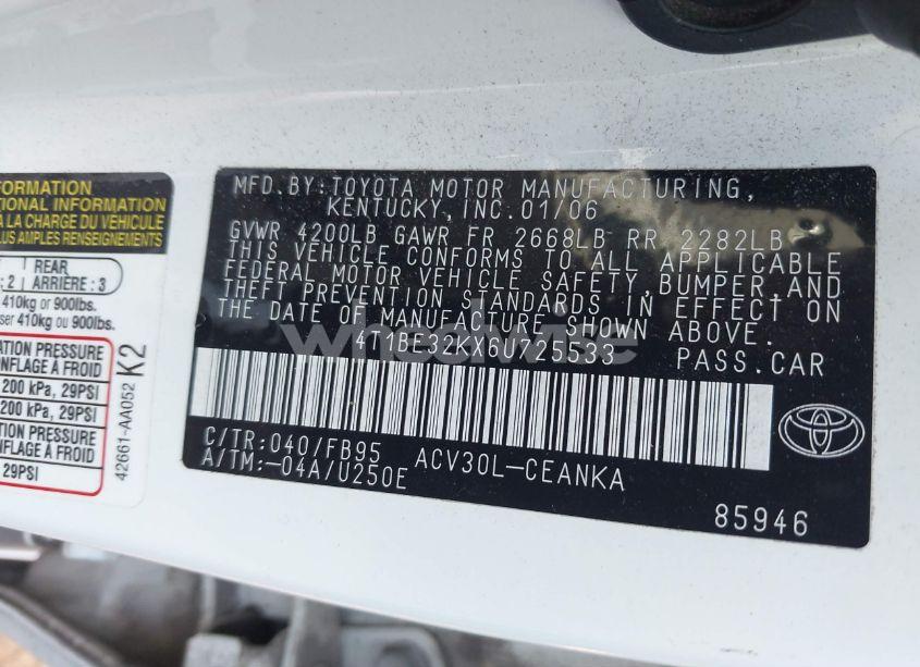 Photo 9 of 2006 Toyota Camry LE (VIN 4T1BE32KX6U725533)