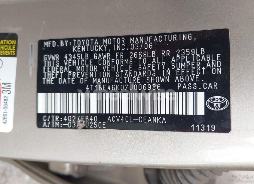 Photo 9 of 2007 Toyota Camry LE (VIN 4T1BE46K07U006986)