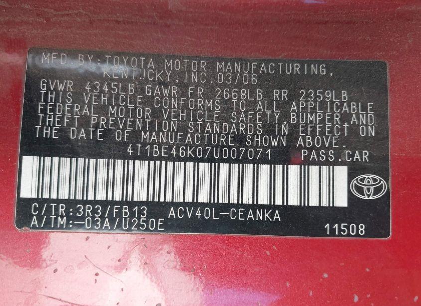 Photo 9 of 2007 Toyota Camry LE (VIN 4T1BE46K07U007071)