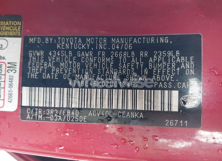 Photo 9 of 2007 Toyota Camry LE (VIN 4T1BE46K07U013467)