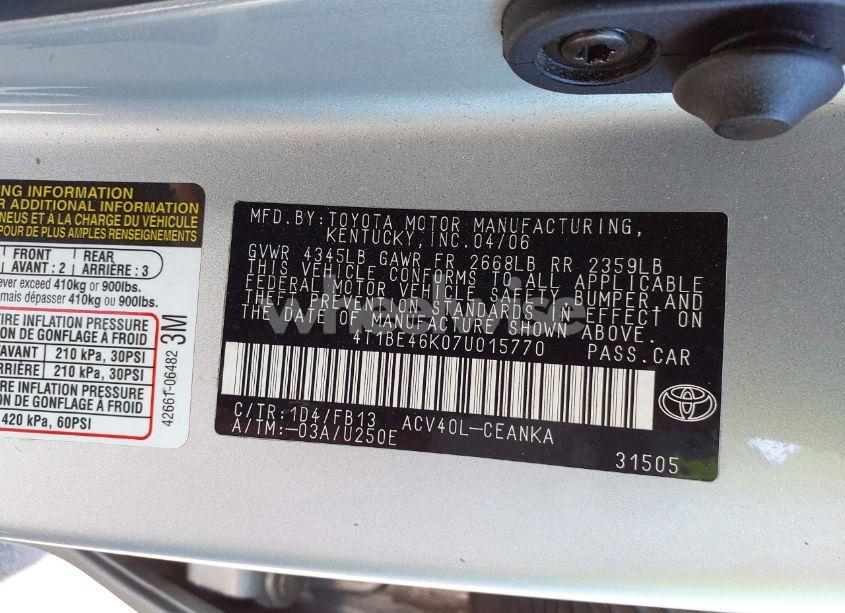 Photo 9 of 2007 Toyota Camry LE (VIN 4T1BE46K07U015770)