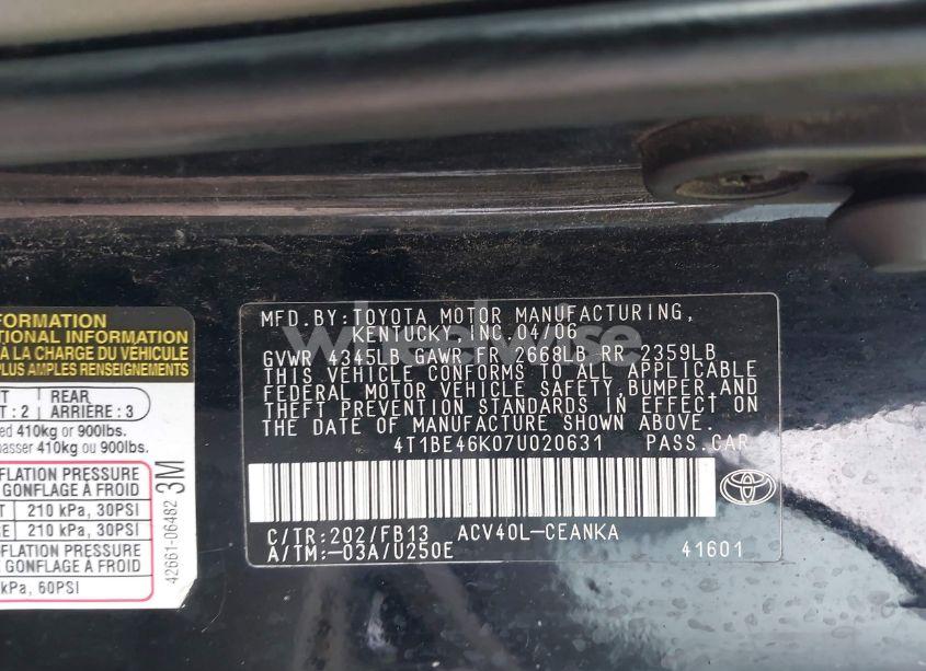 Photo 9 of 2007 Toyota Camry CE/LE/SE/XLE (VIN 4T1BE46K07U020631)