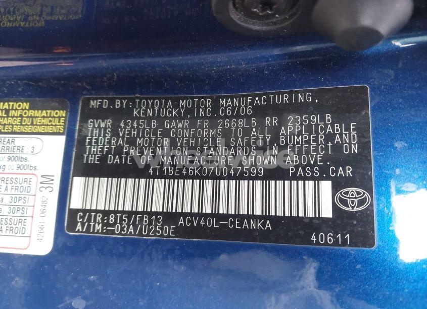 Photo 9 of 2007 Toyota Camry LE (VIN 4T1BE46K07U047599)
