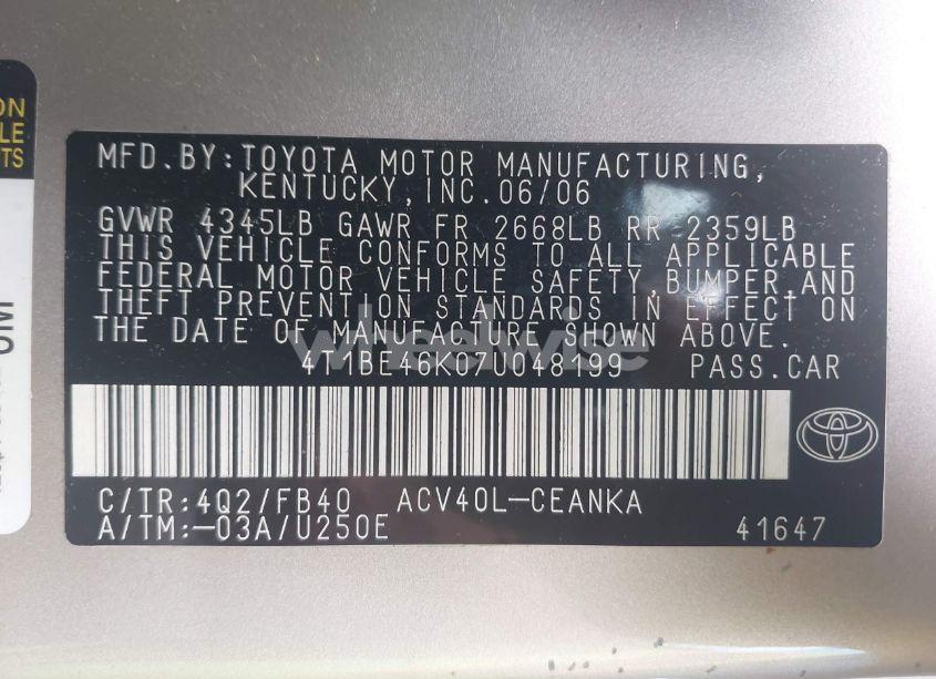 Photo 9 of 2007 Toyota Camry LE (VIN 4T1BE46K07U048199)