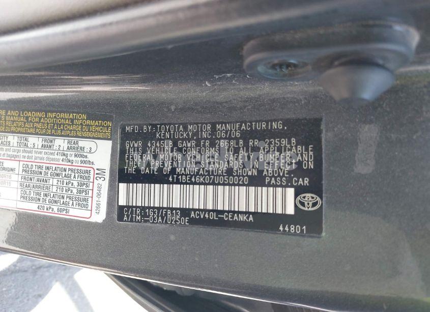 Photo 9 of 2007 Toyota Camry CE/LE/SE/XLE (VIN 4T1BE46K07U050020)