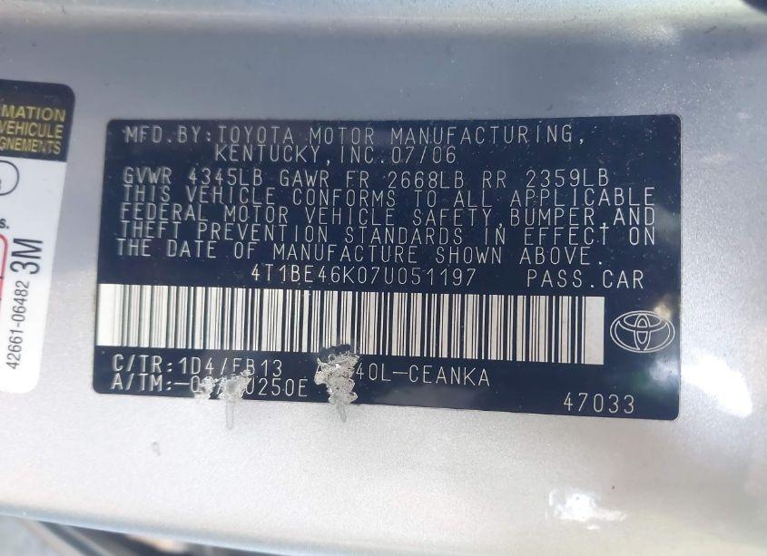 Photo 9 of 2007 Toyota Camry LE (VIN 4T1BE46K07U051197)