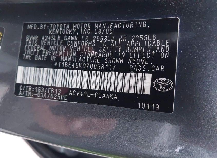 Photo 9 of 2007 Toyota Camry LE (VIN 4T1BE46K07U058117)