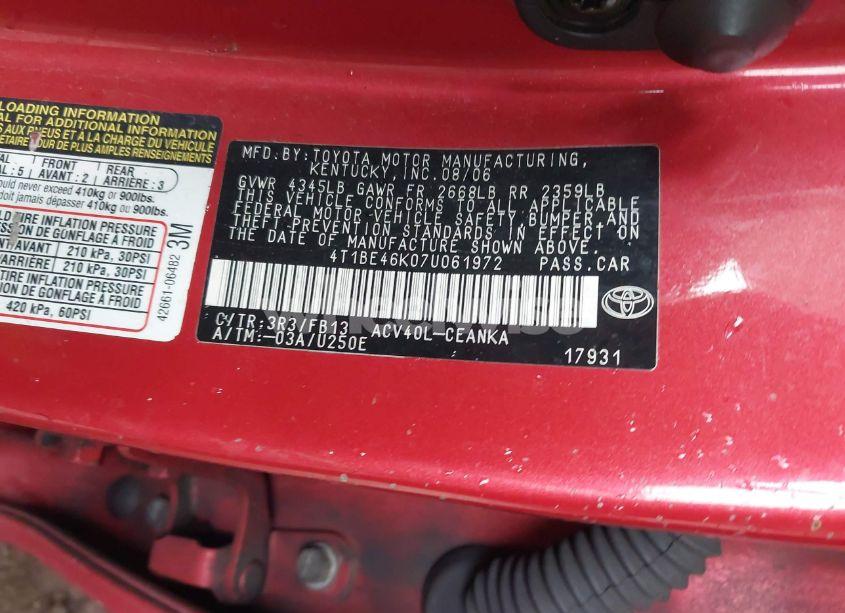 Photo 9 of 2007 Toyota Camry LE (VIN 4T1BE46K07U061972)