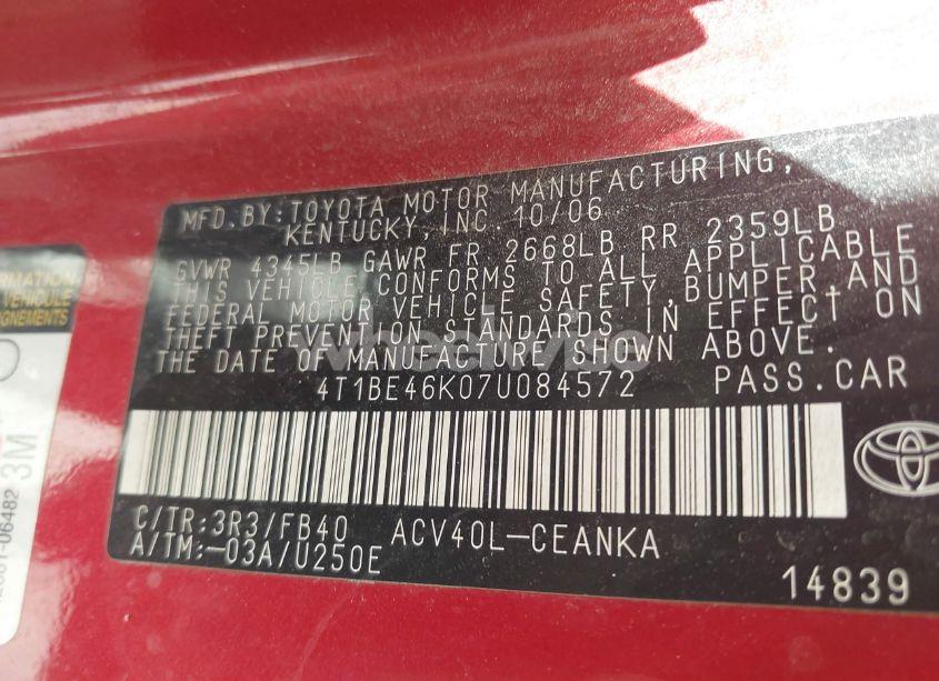 Photo 9 of 2007 Toyota Camry LE (VIN 4T1BE46K07U084572)