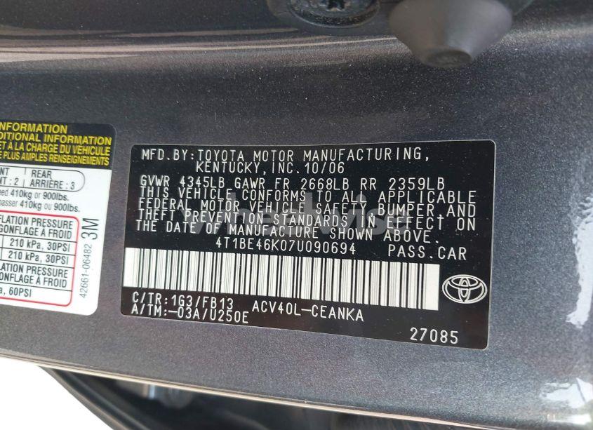 Photo 9 of 2007 Toyota Camry LE (VIN 4T1BE46K07U090694)
