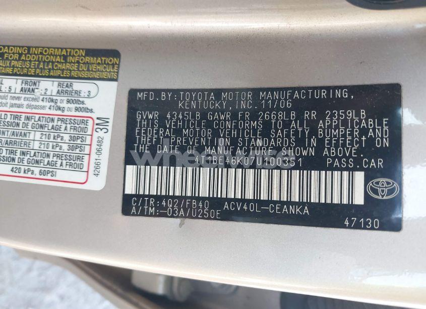 Photo 9 of 2007 Toyota Camry LE (VIN 4T1BE46K07U100351)