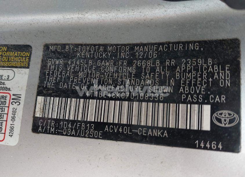 Photo 9 of 2007 Toyota Camry LE (VIN 4T1BE46K07U108336)