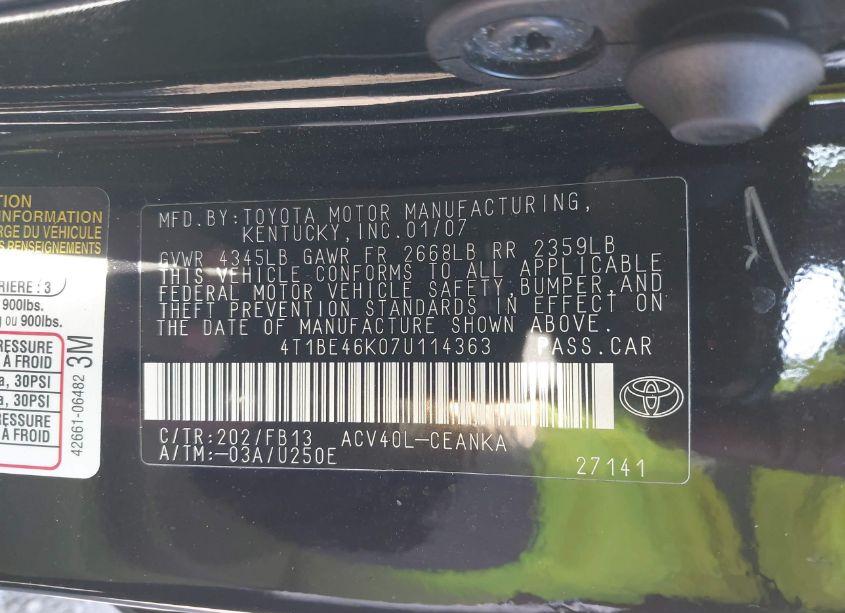 Photo 9 of 2007 Toyota Camry LE (VIN 4T1BE46K07U114363)