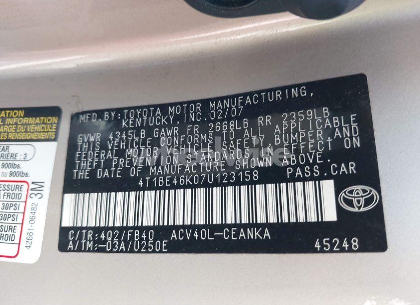 Photo 9 of 2007 Toyota Camry LE (VIN 4T1BE46K07U123158)