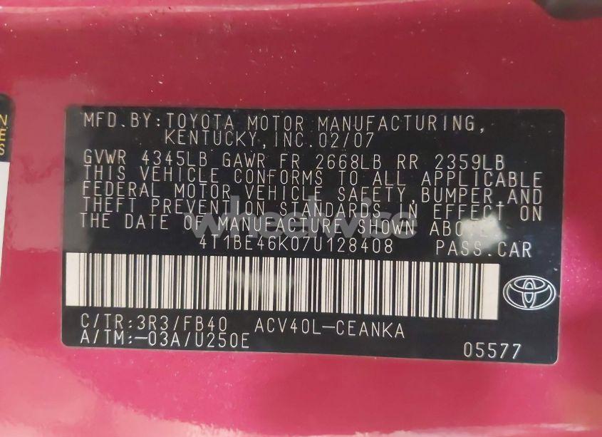 Photo 9 of 2007 Toyota Camry LE (VIN 4T1BE46K07U128408)