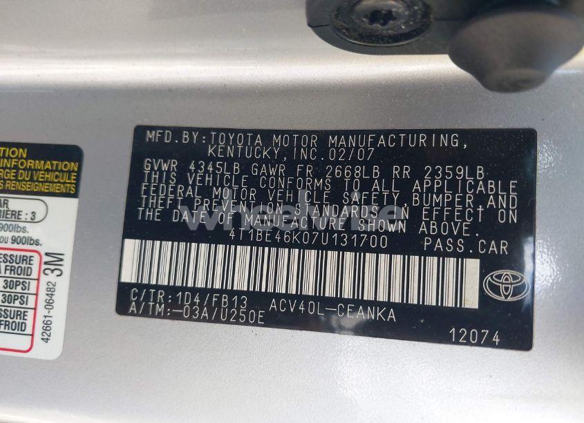 Photo 9 of 2007 Toyota Camry CE/LE/SE/XLE (VIN 4T1BE46K07U131700)