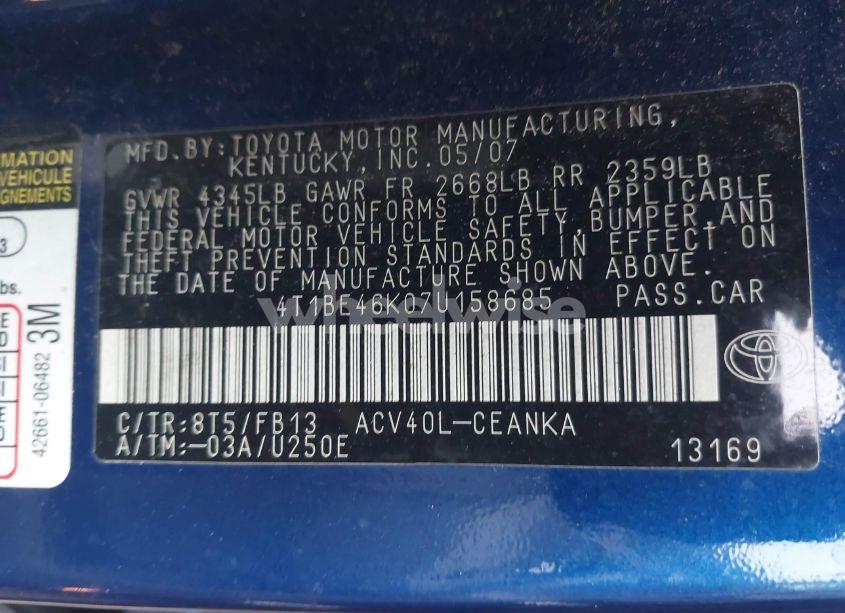 Photo 9 of 2007 Toyota Camry LE (VIN 4T1BE46K07U158685)