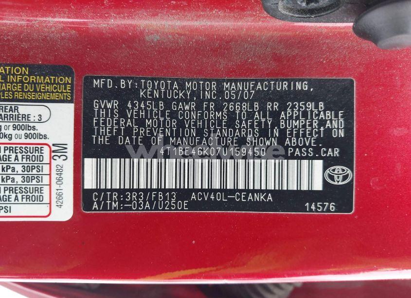 Photo 9 of 2007 Toyota Camry LE (VIN 4T1BE46K07U159450)