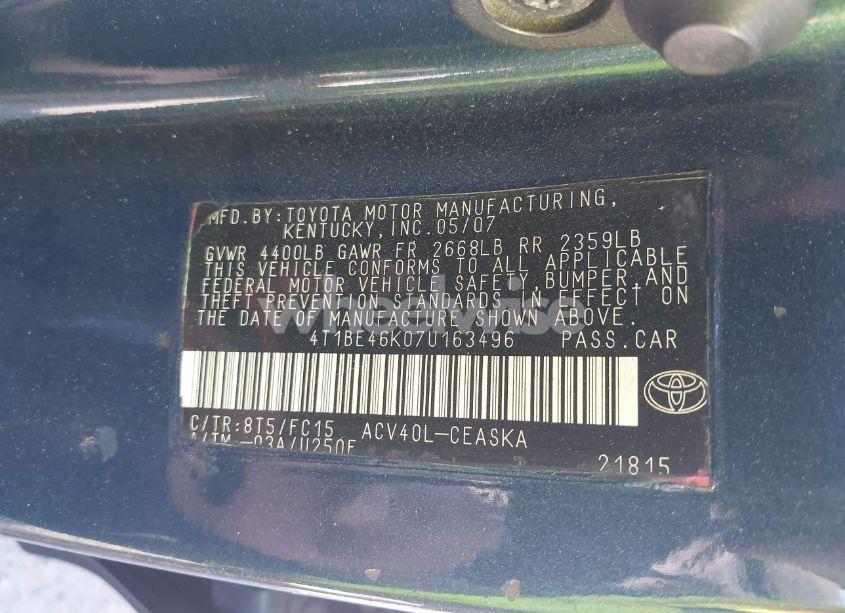 Photo 9 of 2007 Toyota Camry CE/LE/XLE/SE (VIN 4T1BE46K07U163496)