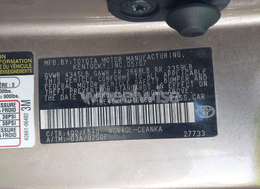 Photo 9 of 2007 Toyota Camry LE (VIN 4T1BE46K07U166804)