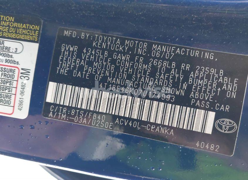 Photo 9 of 2007 Toyota Camry CE (VIN 4T1BE46K07U174093)