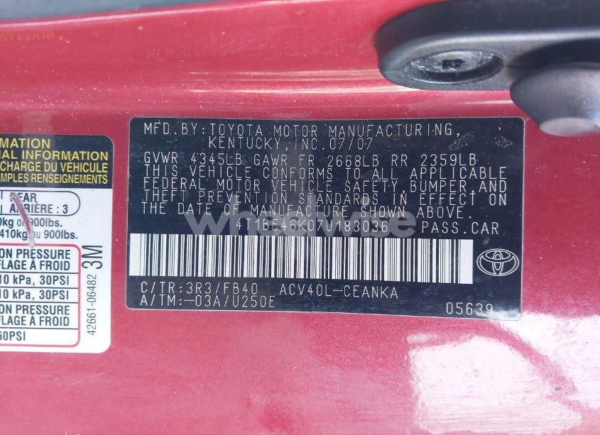 Photo 9 of 2007 Toyota Camry LE (VIN 4T1BE46K07U183036)