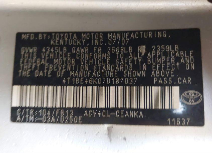 Photo 9 of 2007 Toyota Camry LE (VIN 4T1BE46K07U187037)