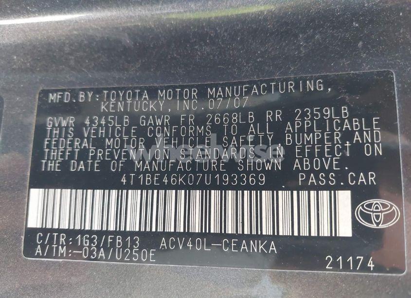 Photo 9 of 2007 Toyota Camry LE (VIN 4T1BE46K07U193369)