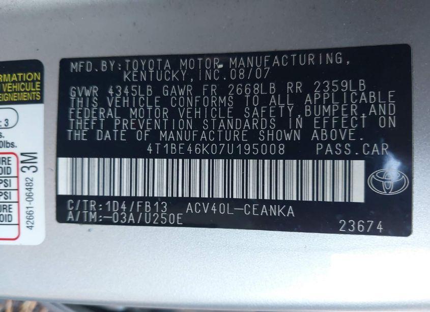 Photo 9 of 2007 Toyota Camry LE (VIN 4T1BE46K07U195008)