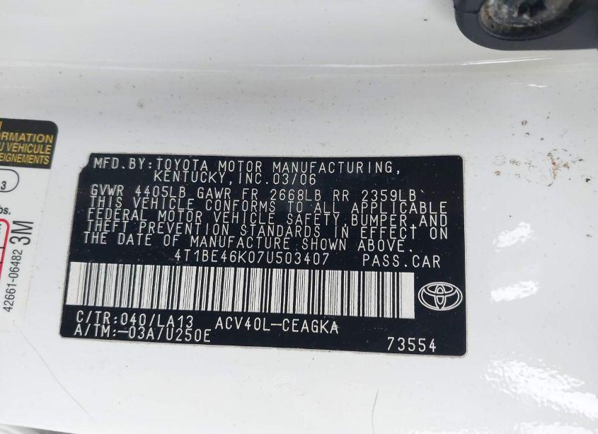 Photo 9 of 2007 Toyota Camry XLE (VIN 4T1BE46K07U503407)