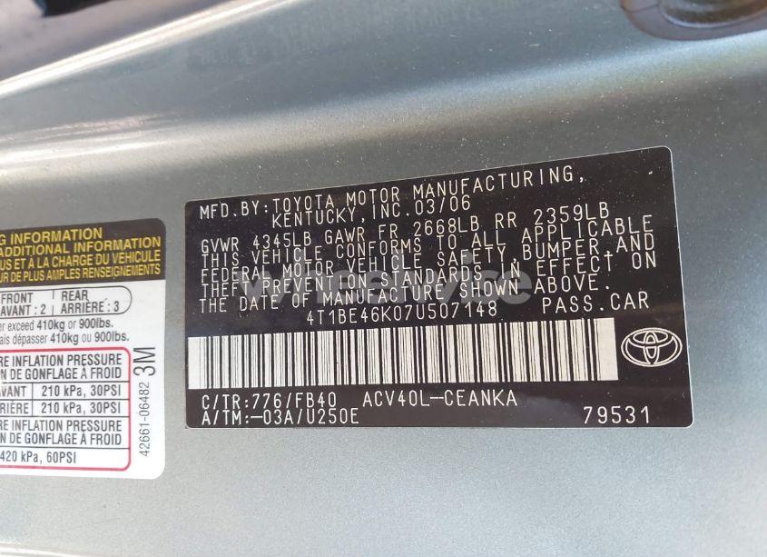 Photo 9 of 2007 Toyota Camry LE (VIN 4T1BE46K07U507148)