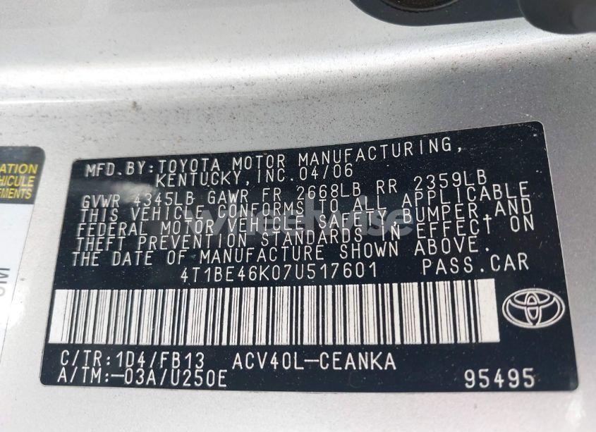 Photo 9 of 2007 Toyota Camry LE (VIN 4T1BE46K07U517601)
