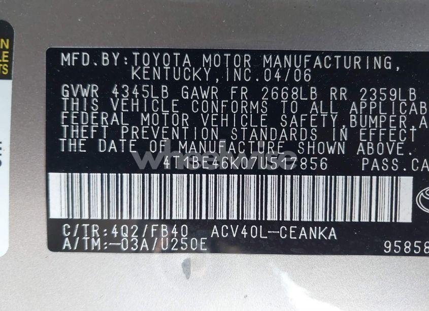 Photo 9 of 2007 Toyota Camry CE (VIN 4T1BE46K07U517856)