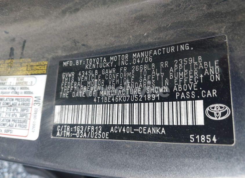 Photo 9 of 2007 Toyota Camry LE (VIN 4T1BE46K07U521891)