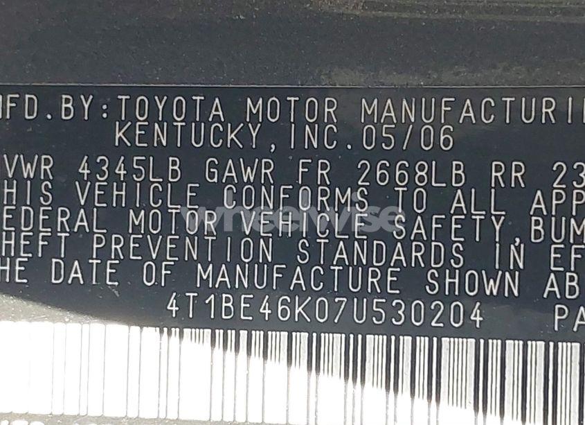 Photo 9 of 2007 Toyota Camry LE (VIN 4T1BE46K07U530204)