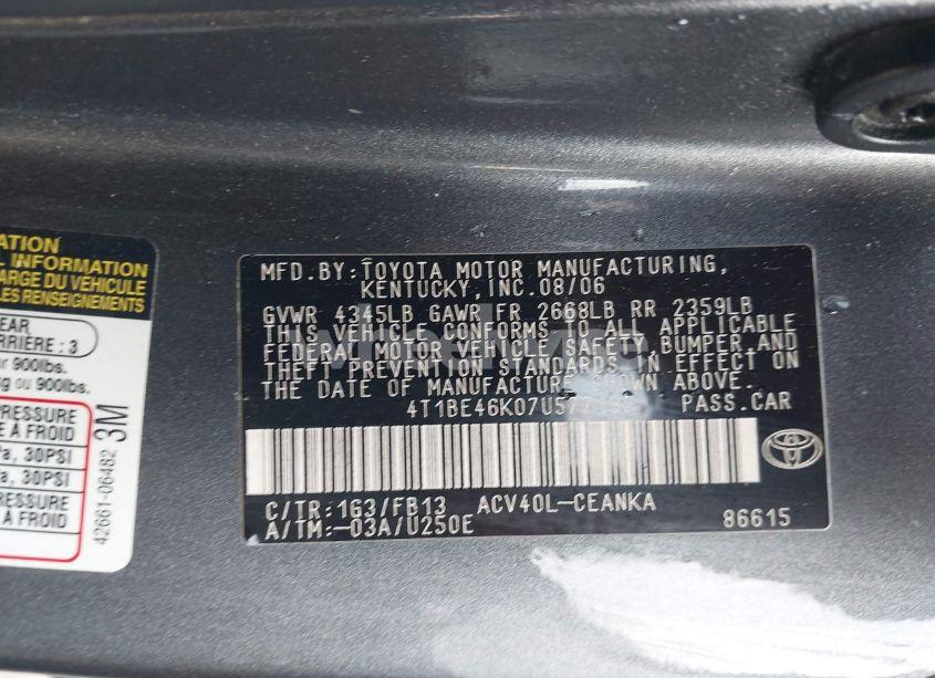 Photo 9 of 2007 Toyota Camry LE (VIN 4T1BE46K07U577135)