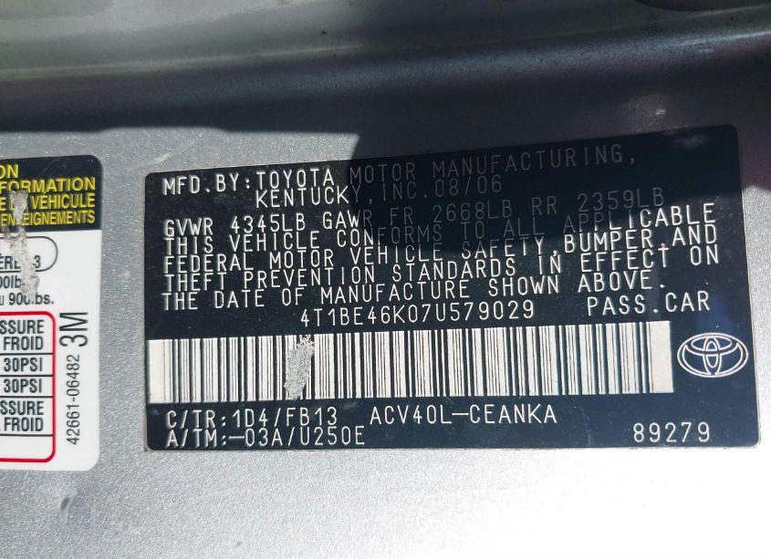 Photo 9 of 2007 Toyota Camry LE (VIN 4T1BE46K07U579029)
