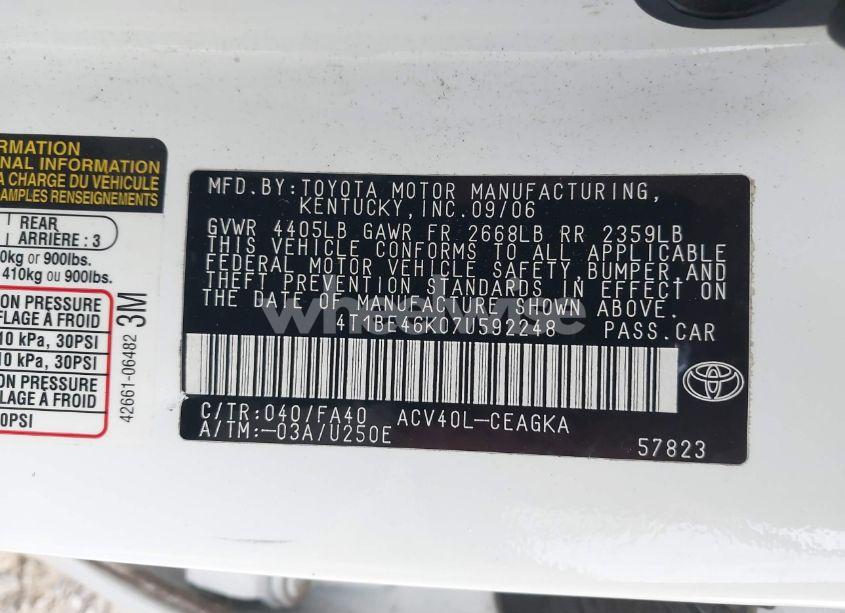 Photo 9 of 2007 Toyota Camry XLE (VIN 4T1BE46K07U592248)