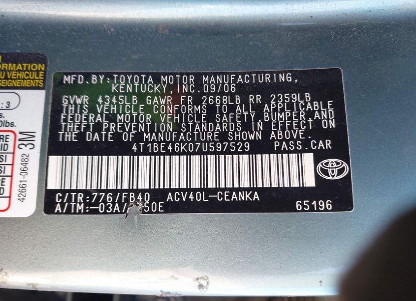 Photo 9 of 2007 Toyota Camry LE (VIN 4T1BE46K07U597529)
