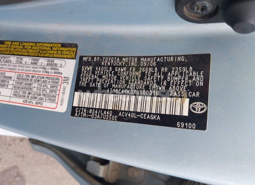 Photo 9 of 2007 Toyota Camry XLE (VIN 4T1BE46K07U600316)
