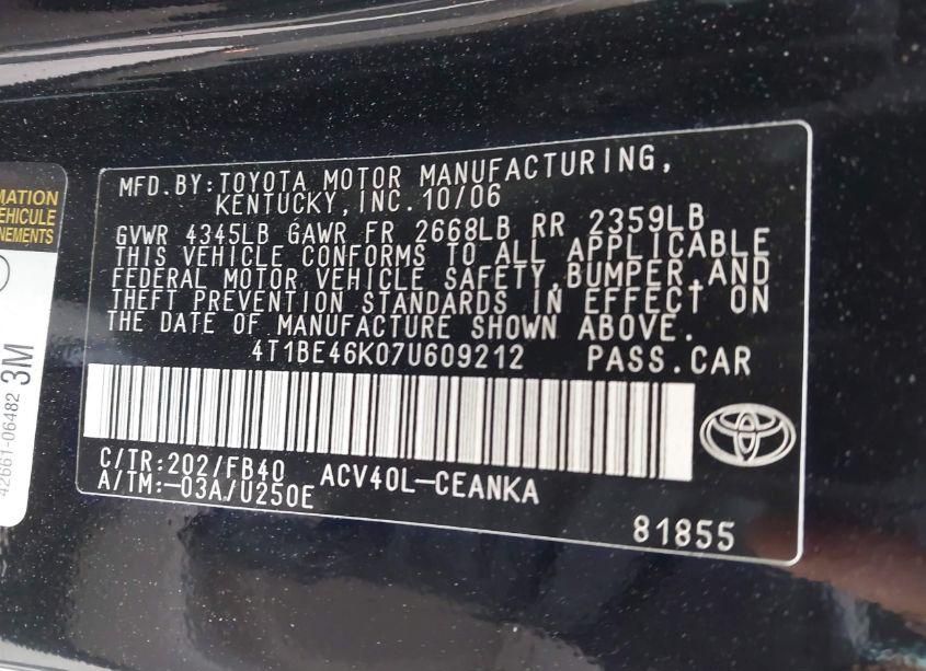 Photo 9 of 2007 Toyota Camry CE (VIN 4T1BE46K07U609212)