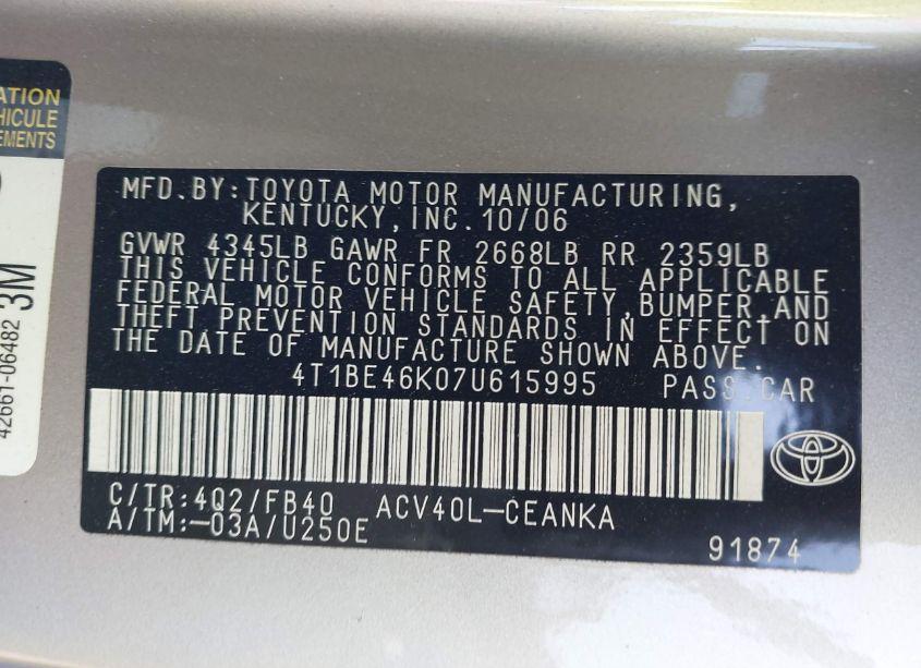 Photo 9 of 2007 Toyota Camry LE (VIN 4T1BE46K07U615995)