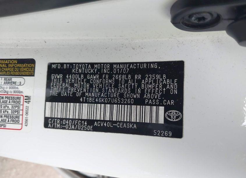 Photo 9 of 2007 Toyota Camry SE (VIN 4T1BE46K07U653260)